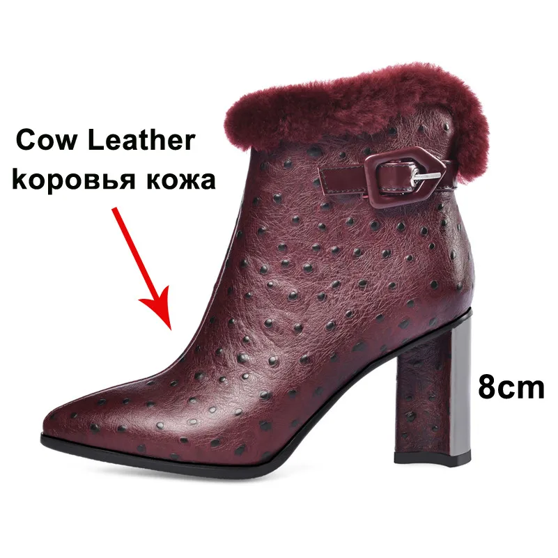ANNYMOLI-Зимние ботильоны женские полусапожки из натуральной кожи на молнии на очень высоком каблуке обувь с острым носком и пряжкой женская обувь; размеры 34-43
