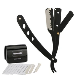 Professional Straight Edge Razor With 1 Blade Disposal Case&10 Single Edge Blades,Matte Black Stainless Steel Barber Razor