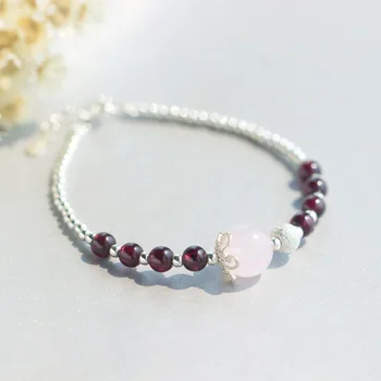 

925 Real. Sterling Silver Jewelry Natural Rose Quartz Stone &Red Garnet with Lucky Round Bead Bracelet Charms GTLS335