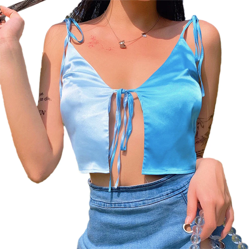 

Woman's Summer Vest Contrast Color Camisole Sexy V-neck Lace up Short Style Exposed Navel Bottoming Top