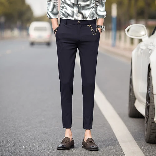 Navy blue Мужские костюмные брюки облегающая в клетку мужские брюки летние тонкие модные укороченные брюки мужские офисные черные белые узкие брюки - Цвет: Navy blue