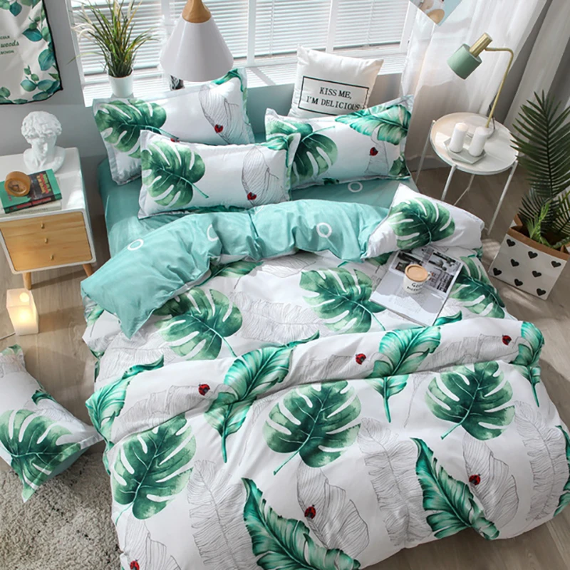 

High Quality Printed Bedding Sets Home Bedding Set 3/4Pcs Cartoon Pattern With Leaves Fruit Animal Dot Bed Sheet Duvet Cover