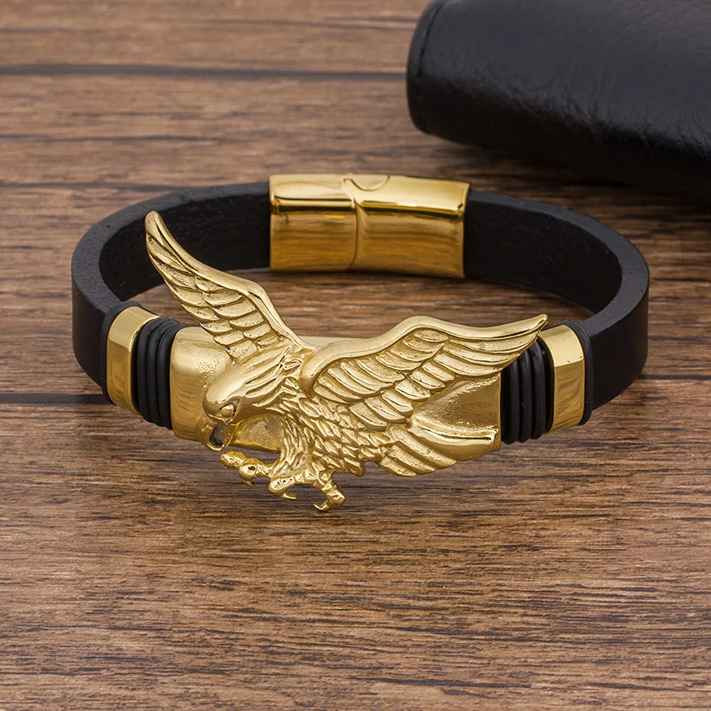 TYO Fashion Charm Rope Braided Bangles Gold Color Men Leather Bracelet Eagles Animal Magnetic Jewelry Metal bracelet jewelry