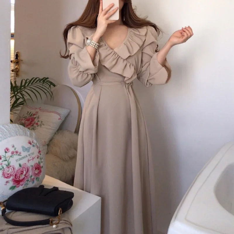 

Autumn Vintage Korean Chic Waistbanded Lace Up V-neck Slim Ruffles Long Dress Women V Neck Flare Sleeve Femme Robe Vestidos