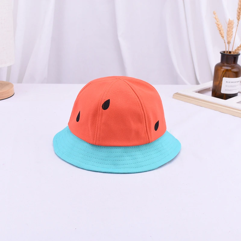 watermelon red Хлопок Панама Шляпы Осень Дети Спорт на открытом воздухе Тур пляж Защита от Солнца кепки с большими полями детская мультяшная ведро шляпа - Цвет: watermelon red
