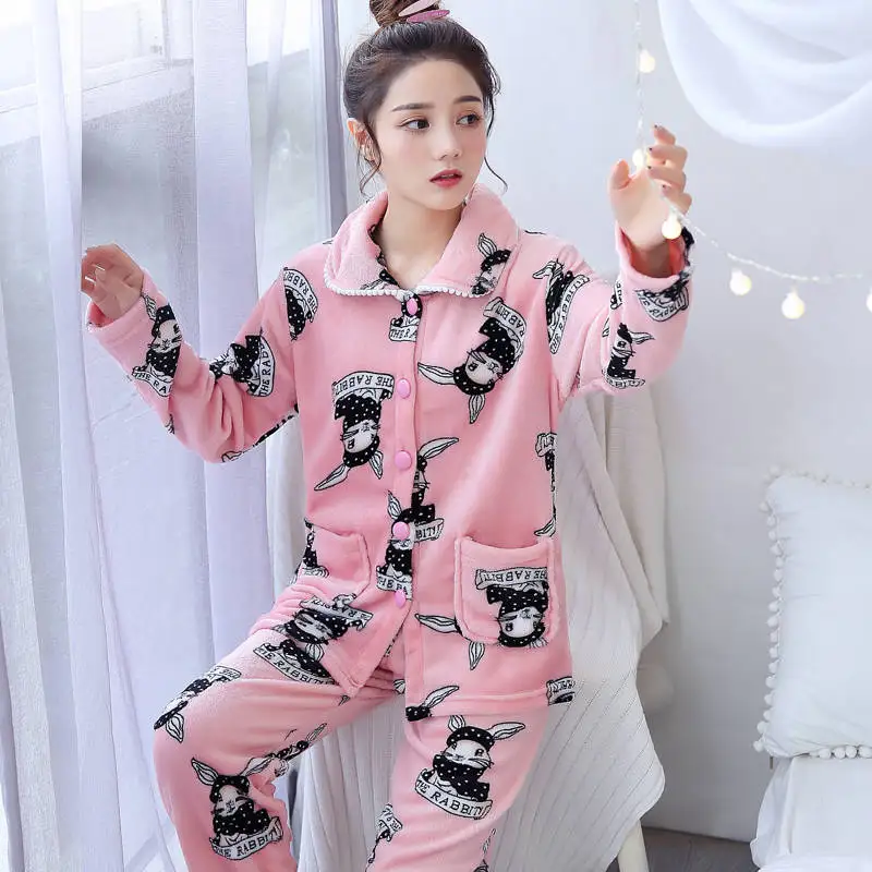 Women Pajamas Set Spring Autumn New Warm Cartoon Printed Long Sleeve Cute Sleepwear Casual Homewear Female Pyjamas - Цвет: Слоновая кость