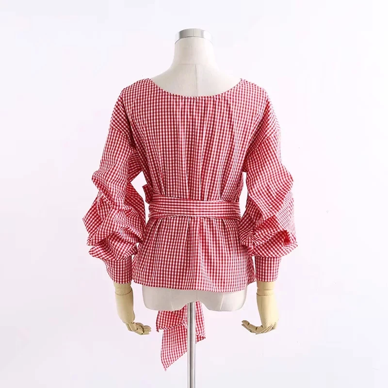  New Band check blouse shirt women top V neck puff sleeve Bow belt design summer autumn loose blouse