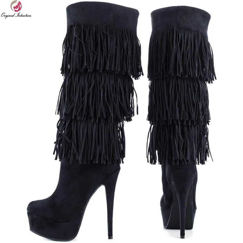 Original Intention Stylish Woman Black Tassels Knee High Boots Stilleto