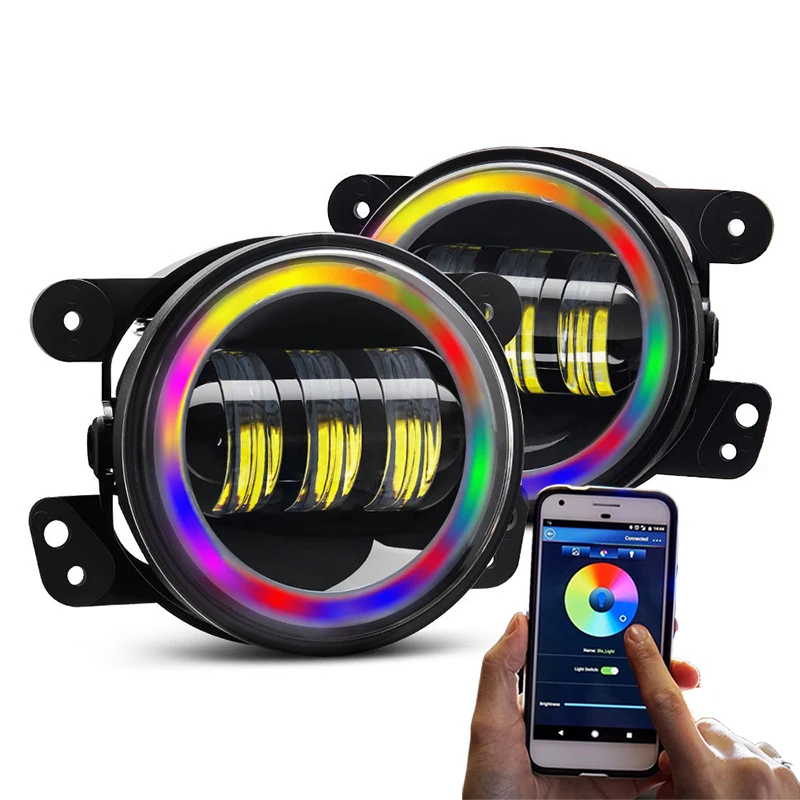US $59.00 4 Inch Fog Light RGB Halo LED Angel Eyes Lamp Mount with Bluetooth Function For Jeep Wrangler JK JKU TJ LJ