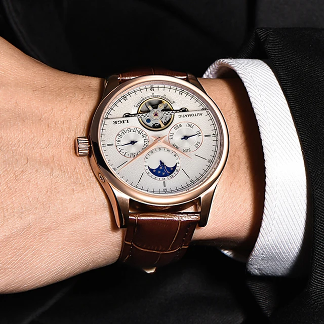 LIGE Brand Classic Mens Retro Watches Automatic Mechanical Watch Tourbillon Clock Genuine Leather Waterproof Military Wristwatch 4