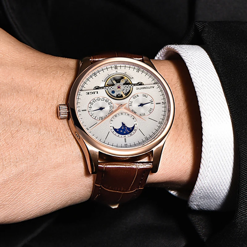 Lige Brand Classic Mens Retro Watches Automatic Mechanical Watch Tourbillon Clock Genuine Leather-4
