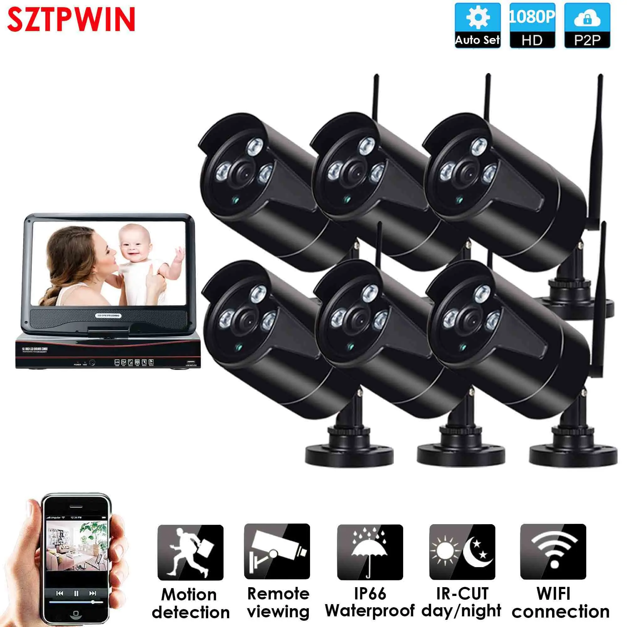 6CH LCD 1080P WIFI Беспроводная система наблюдения сетевой 10," ЖК-монитор NVR рекордер Wifi комплект 6CH 1080P HD видео входы 6PS 2.0MP камера безопасности - Цвет: 6CH LCD 1080P WIFI