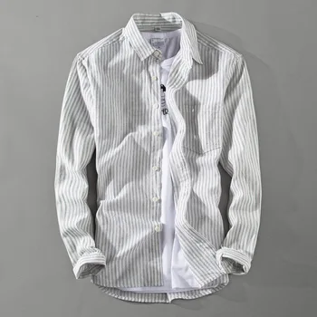 

BOBO 2020 Men Autumn Cotton Linen Simple Retro Vertical Striped Shirt Youth Breathable Casual Long-sleeved Shirt