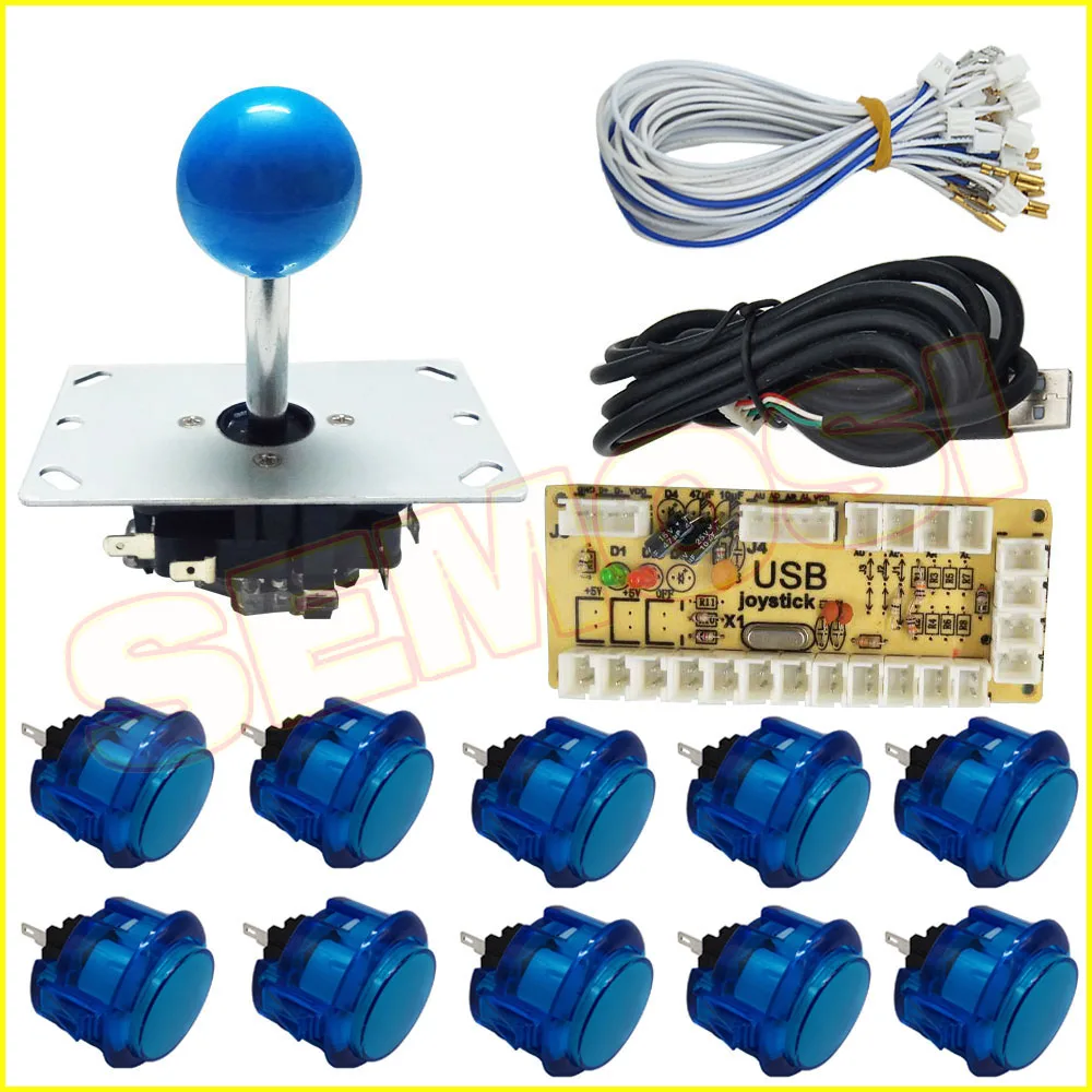 Blue kit 1 2 игрока нулевой задержки Джойстик Аркада DIY светодиодный USB энкодер+ 2 боевой джойстик+ 20 кнопочных кнопок+ 28 кабелей аркадная игра DIY - Цвет: Blue kit 1