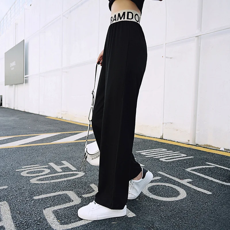 Уличная женские брюки с широкими штанинами Pantalones Mujer cCintura Alta 2019 осень Повседневное модные штаны Для женщин черные брюки AEHQ0527