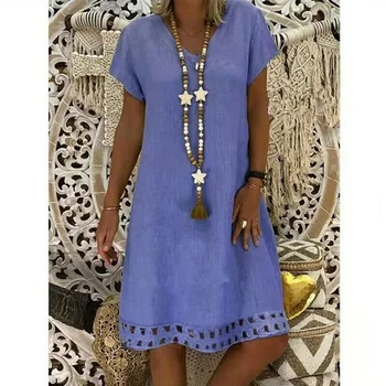 

2019 Women Summer Causal Bohemian Lace Loose V-Neck Solid 3/4 Sleeve Beach Dress
