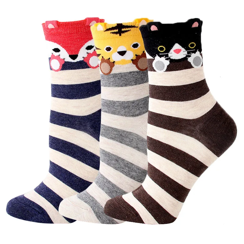 C 3pairs Для женщин забавные носки с мультяшным рисунком, милая хлопковая Socken Harajuku kawaii Животные в полоску весенние, летние носки 3 пары/партия жаккардовые# F - Цвет: C 3pairs