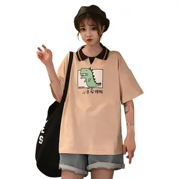 

Combed Cotton 2019 Summer New Casual Loose Turn Down Collar Cute Print Women's Short-sleeved T-shirt Women's Clothing