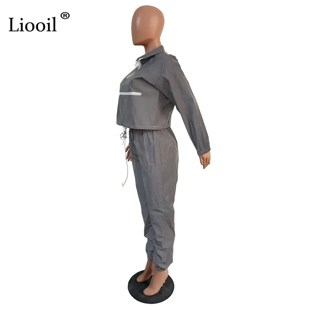 Liooil, отражающий серый спортивный костюм, женский комплект из двух предметов, топ и штаны,, зимний костюм для бега на молнии с длинным рукавом, подходящие комплекты