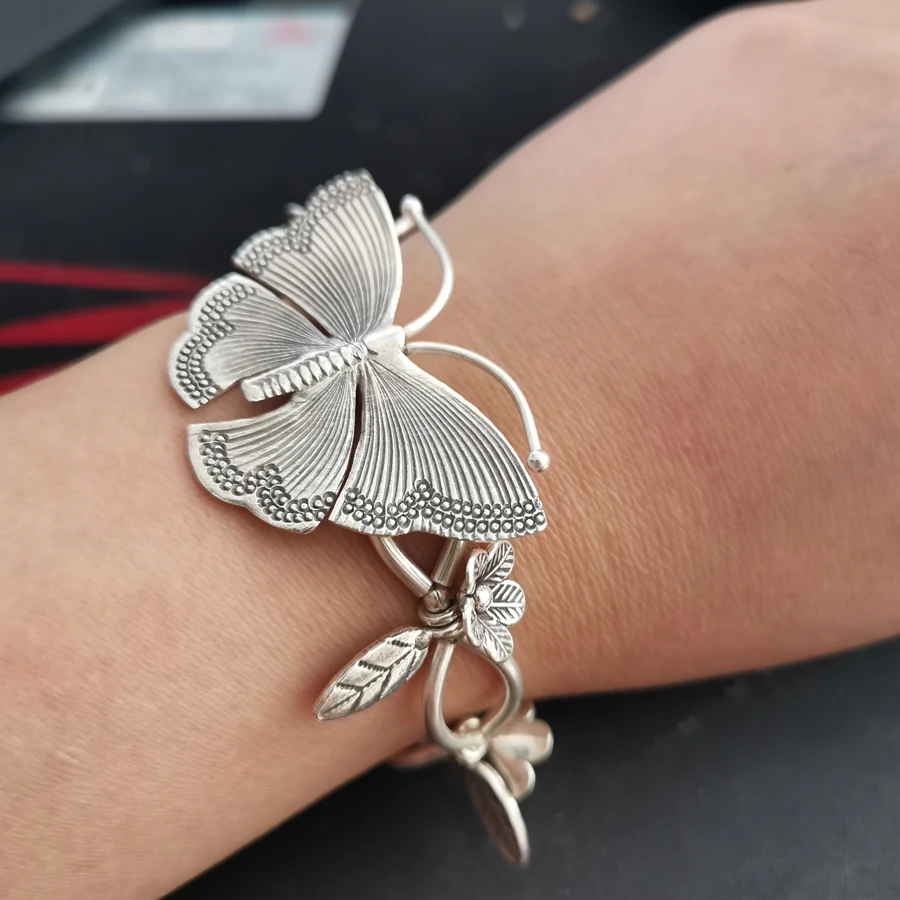 925 стерлингового серебра Бабочка Племенной ремесленный браслет с подвеской в виде Слона Подарок Ювелирные изделия 18 см A3266