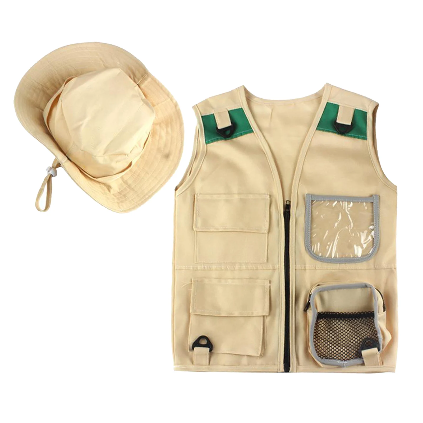 

Durable Outdoor Explorer Set Kids Khaki Cargo Vest and Hat Set with 4 Pockets Safari Costume Dress Up for Park Ranger Zoo Keeper