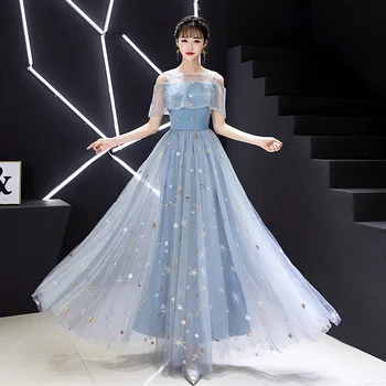 

Female Star Sequins Dress Oriental Woman Sexy Embroidery Off Shoulder Novelty Light Blue Patchwork Mesh Party Dress Cheongsam