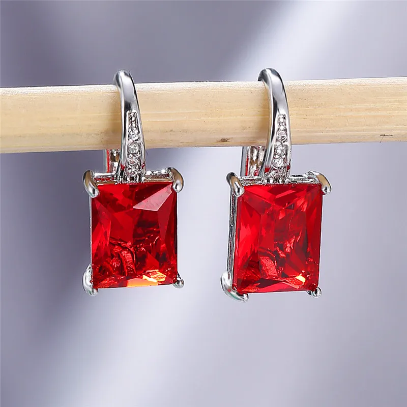Simple Female Aqua Blue Crystal Jewelry Cute Silver Color Small Clip Earring Dainty Rainbow Square Wedding Earrings For Women