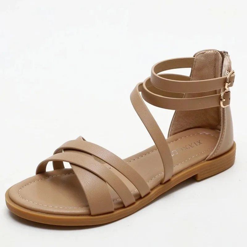 BEYARNE-Chanclas de gladiador para mujer, sandalias cruzadas de playa, zapatos planos informales sin cordones, zapatos marrones y negros de verano - Imagen 2