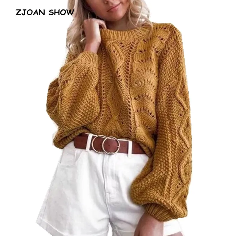 

2019 Women Knitted Hollow Out Hole Twist Lantern Long Sleeve Sweater Retro Pullover Knitwear Loose Long sleeve Jumper Tops