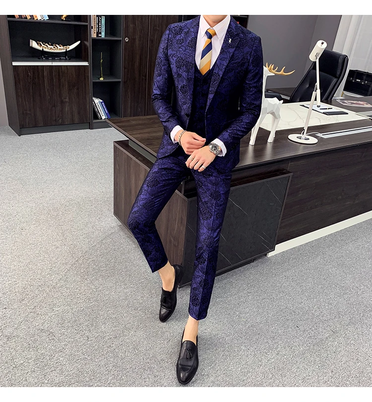 Цветочный жаккардовый костюм для мужчин Slim Fit коричневый бордовый темно-синий костюм для жениха из трех частей DJ партии выпускного вечера сценический костюм Q882