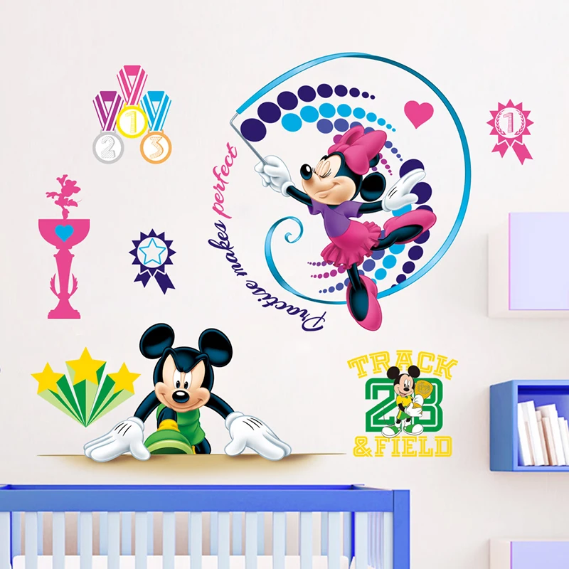 Cartoon Disney Mickey Minnie Sports Meeting Wall Stickers For Nursery Kids Rooms Home Decor Wall Decals PVC Mural Art Wallpaper