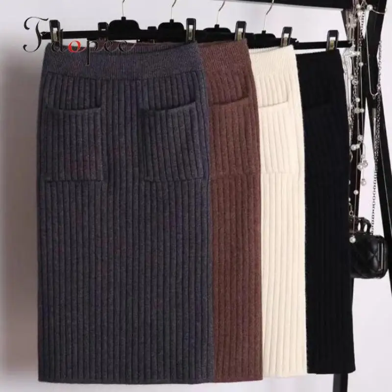 

2019 Winter High Waist Skirt Knitted Female Pocket Bottom Hip Casual High Elasticity vent Long section comfort warm Women Skirts