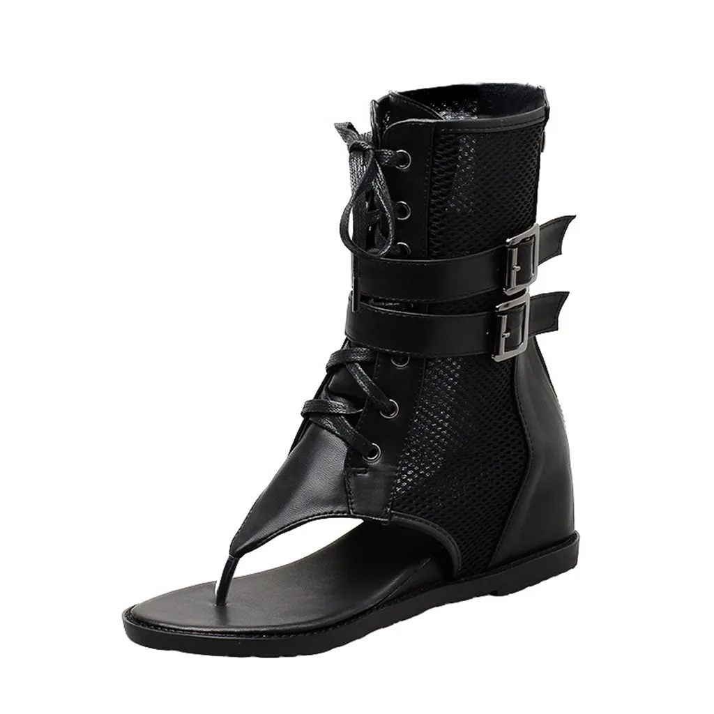 

Rome Women Open Toe Boots Sexy High Quality Outsid Ladies Shoes High Sandals Black Buckle Summer Cool Thong Shoes