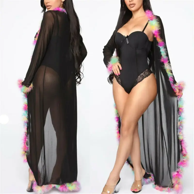 Sexy Women Leopard Long Mesh Sheer Perspective Blouses Swimwear Bikini Cover Ups Fashion Hollow Long Sleeve Cover Up