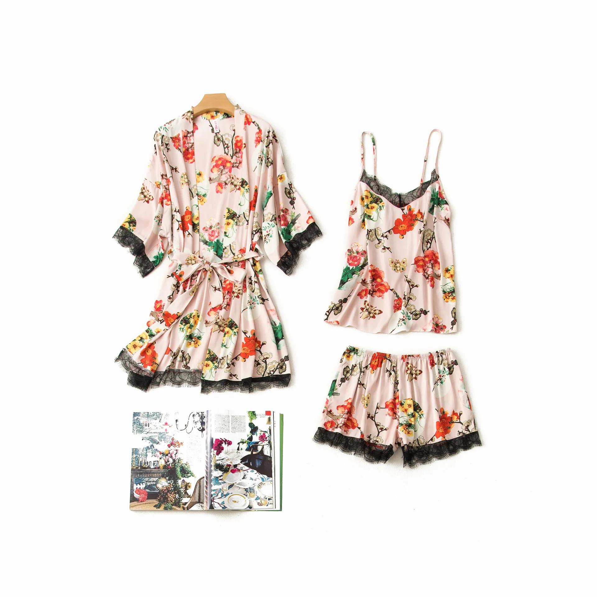 Sleepwear 3 Pieces Satin Faux Silk Autumn Sling Short Pants Homewear Woman Summer Pajamas Set Floral Printed Sleep
