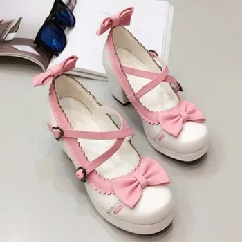 

XJRHXJR Japanese Lolita Party Popular Princess Bowtie Cross Strap Round Toe Square Heels Black Pink Cosplay Shoes Women Pumps