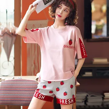 

Summer Home Wear Suit For Women Fashion Sweet Letter Strawberry Print Sleepwear Sets Short Sleeve Top Shorts Pajamas Set