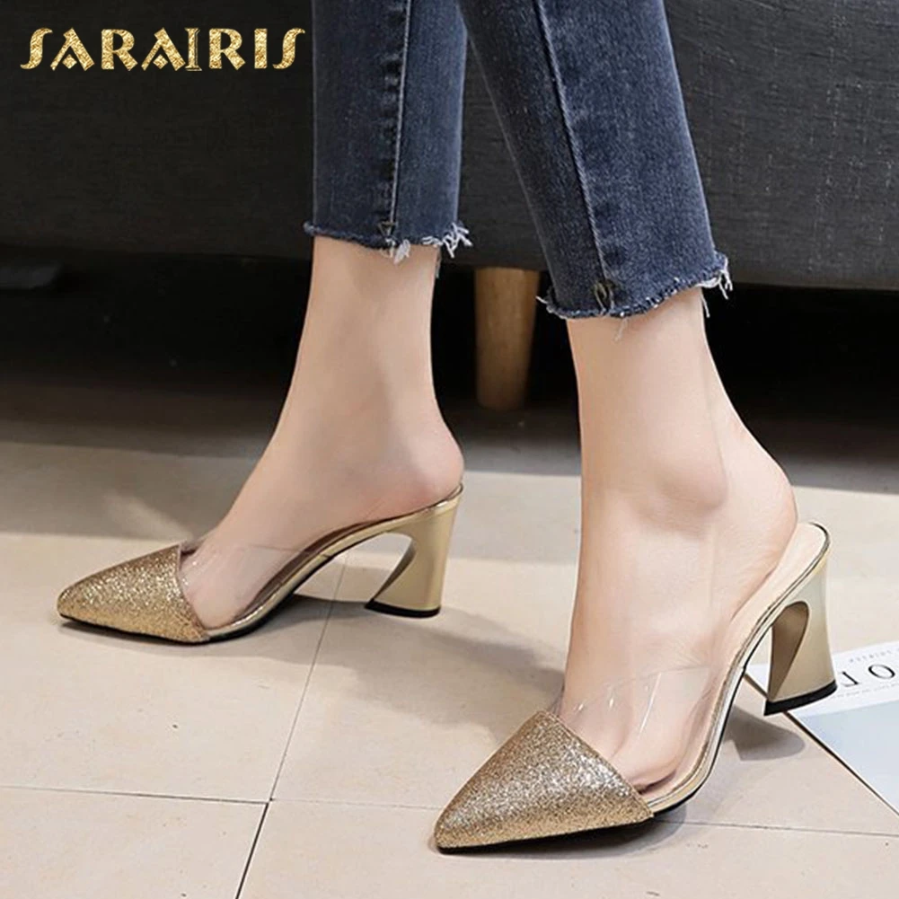 

Sarairis 2020 New Arrivals Sequined Cloth Strange Style Pointed Toe Bling Pumps Mules Woman Shoes Slip-On INS Hot Shoes Women
