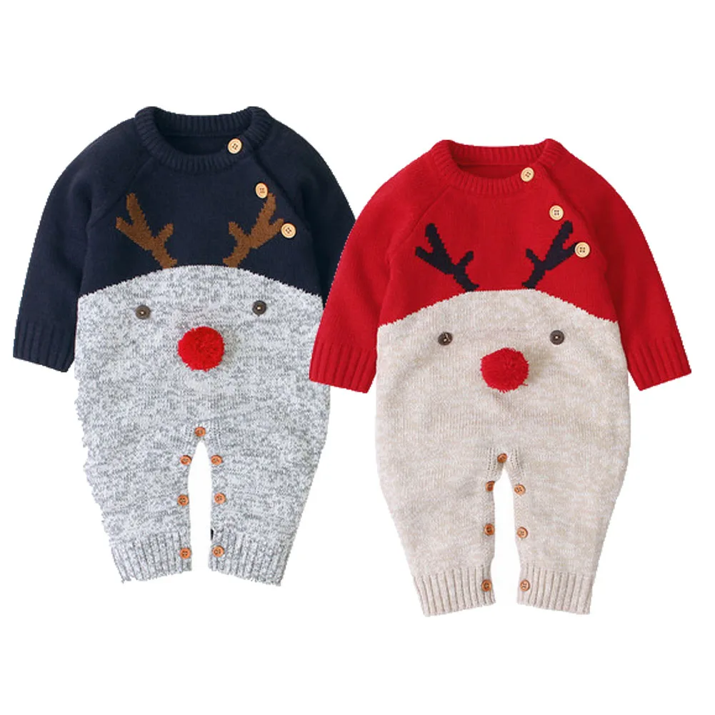Милый Рождественский детский вязаный комбинезон, одежда для малышей, зимний теплый свитер, комбинезон для маленьких мальчиков и девочек, одежда с оленями