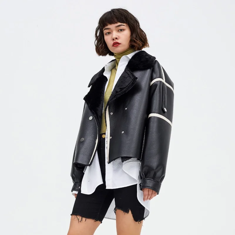 Зимние Модные Теплые Куртки из искусственной кожи с подкладкой из искусственного меха, женские ветронепроницаемые кожаные куртки в стиле локомотив F602