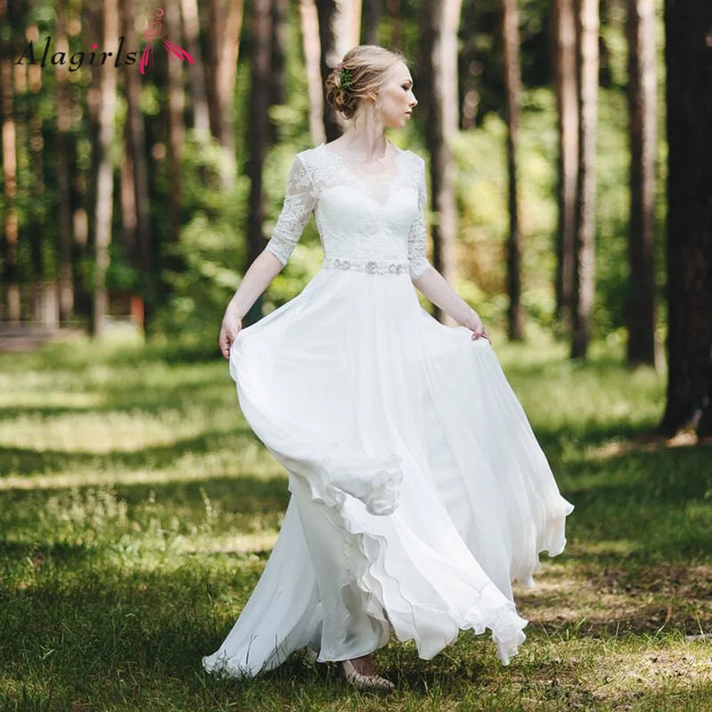 

Elegant appliques lace long dress Women Illusion v-neck half sleeve chiffon robe Simple deep v back vestidos de noiva