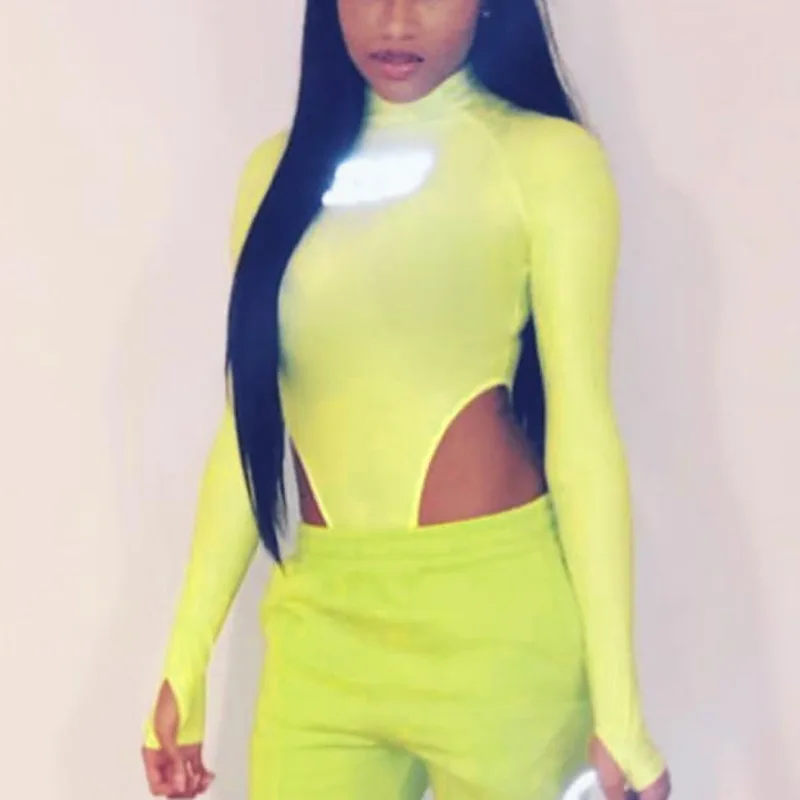 bodysuit long sleeve turtleneck Ladies neon clothes Nightclub streetwear Sexy skinny top Women's bodycon