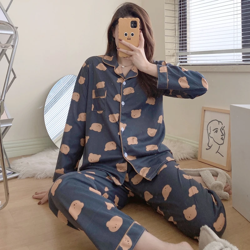CAIYIER Winter Women Pajamas Suit Long Sleeve Trousers Lounge Lovely  Girls Cartoon Rabbit Loose Cardigan Sleepwear Homewear 2XL