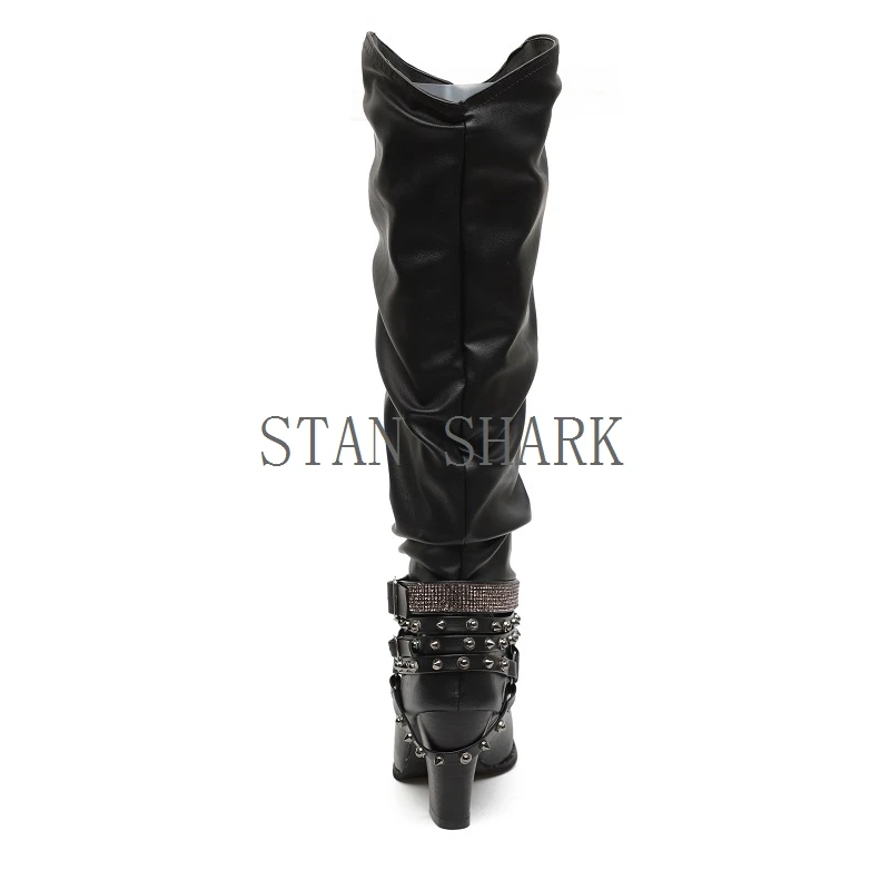 STAN SHARK/новые модные ботинки в стиле панк готик с круглым носком и ремешком женская обувь на высоком каблуке со стразами сапоги до колена mujer zapatos