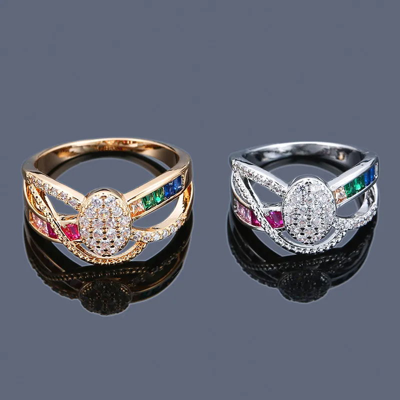 

Boho Crystal Rainbow Stone Wedding Ring Fashion Ladies Colorful Zircon Cross Ring Cute Silver Yellow Gold Color Engagement Ring