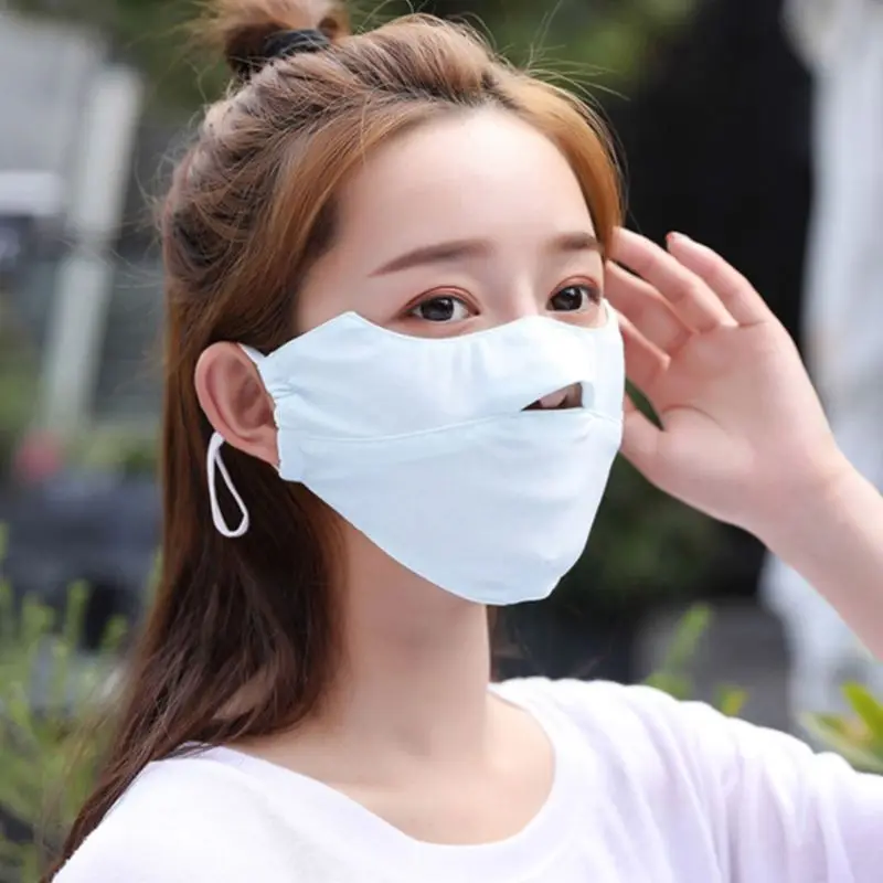 Unisex Summer Ice Silk Thin Sunscreen Open Nose Mouth Mask Cycling Windproof Solid Color Washable Adjustable Earloop Respirator