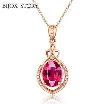

BIJOX STORY Elegant 925 Silver Necklace with Oval shaped Ruby Gemstones Pendant Fine Jewellery for Women Wedding Party Wholesale