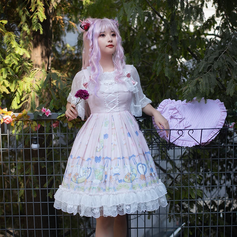 

Pink sweet lolita dress vintage lace bowknot cute printing palace princess victorian dress kawaii girl gothic lolita jsk loli