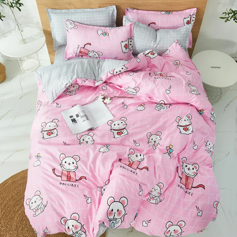 

Cartoon mouse printed bed set pink and gray AB side color 4pcs beddsing set with two pillowcases super king size twin size