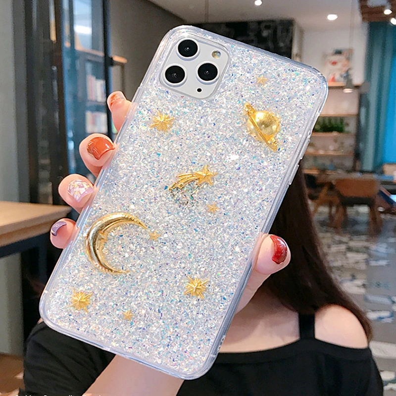 Luxury Space Moon Glitter Phone Case For iphone 11 Pro Max Case XS MAX XR 6 7 8 plus XS X Universe Planet Sequins Silicon Cover